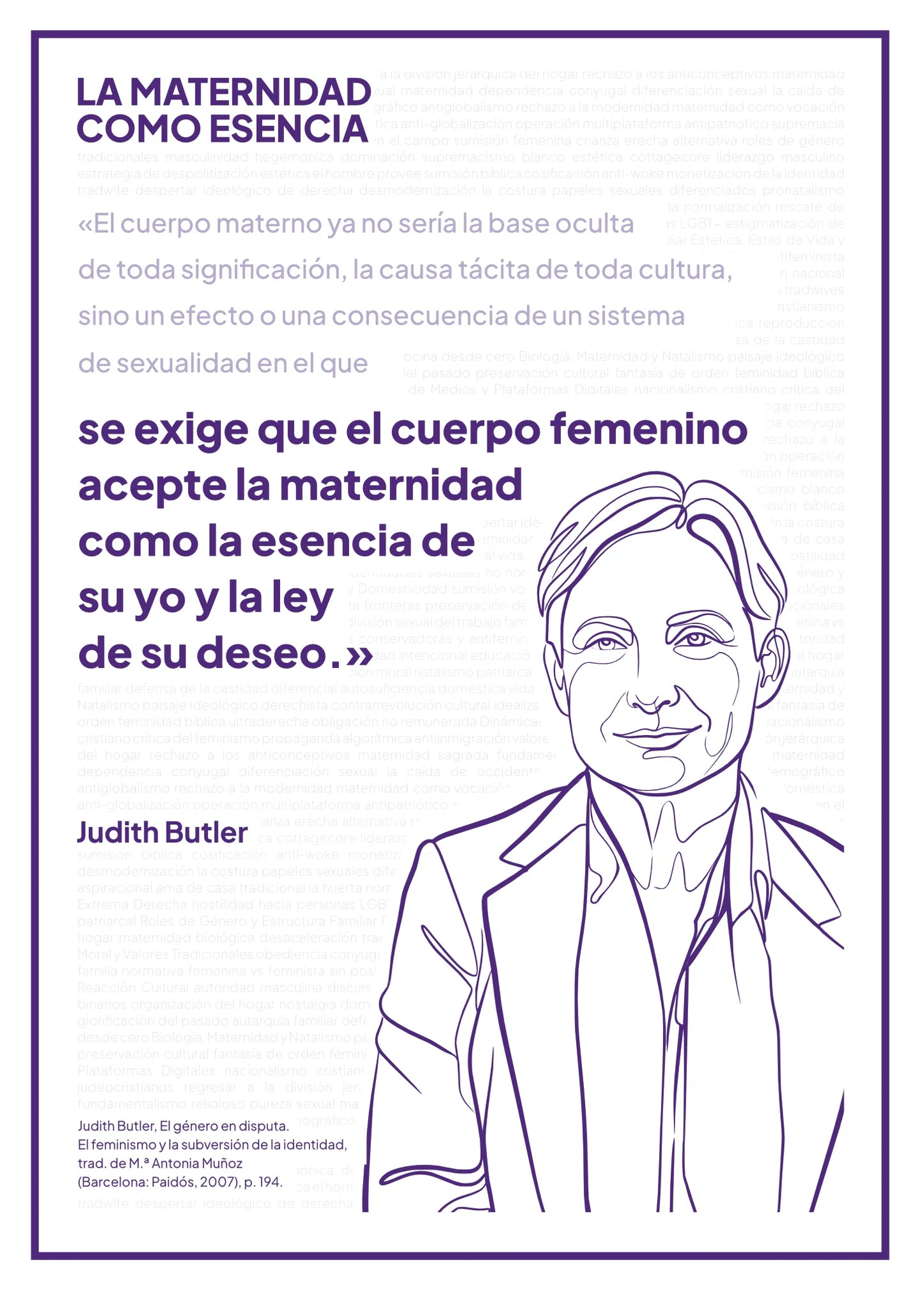 Afiche “La maternidad como esencia” con retrato violeta de Judith Butler sobre fondo blanco.