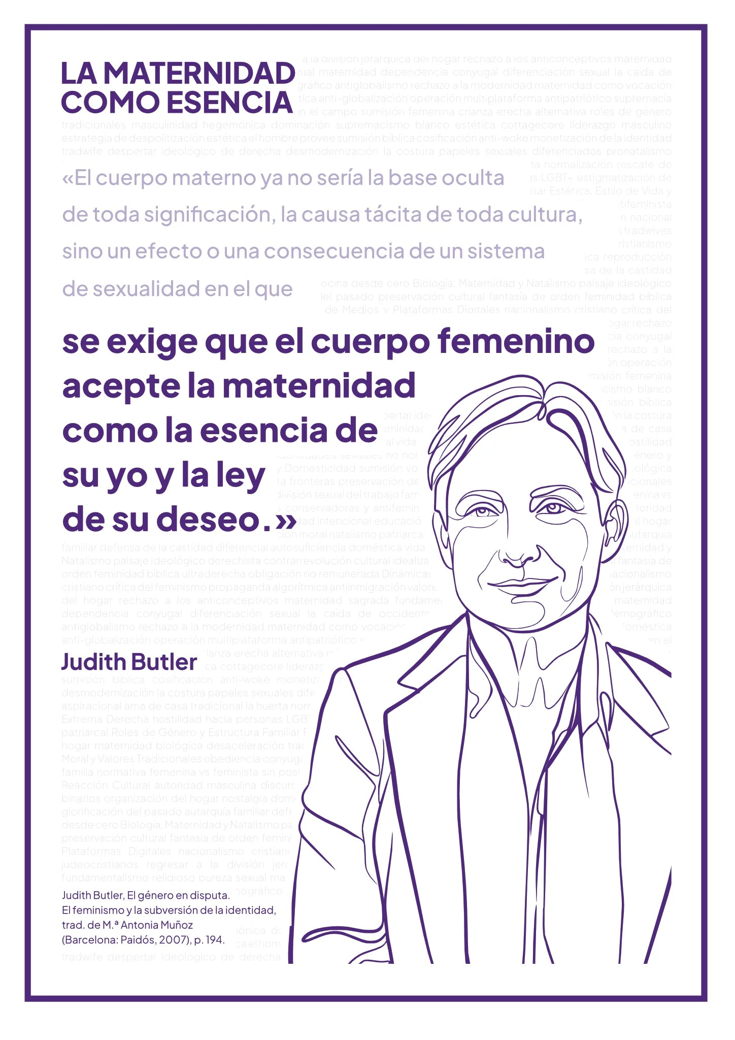 Afiche “La maternidad como esencia” con retrato violeta de Judith Butler sobre fondo blanco.