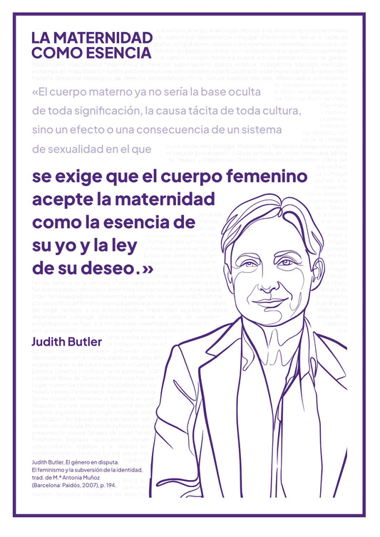 Afiche “La maternidad como esencia” con retrato violeta de Judith Butler sobre fondo blanco.