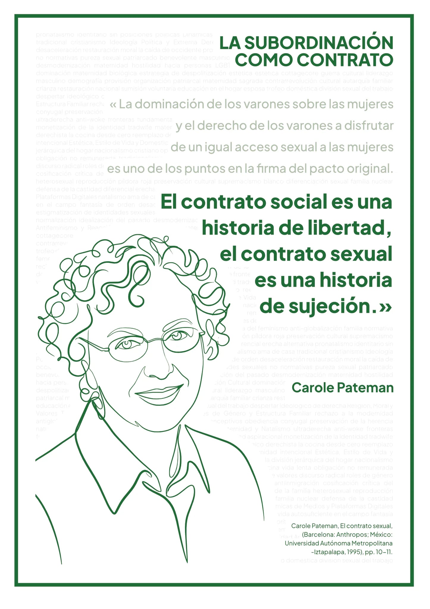 Afiche “La subordinación como contrato” con retrato verde de Carole Pateman sobre fondo blanco.