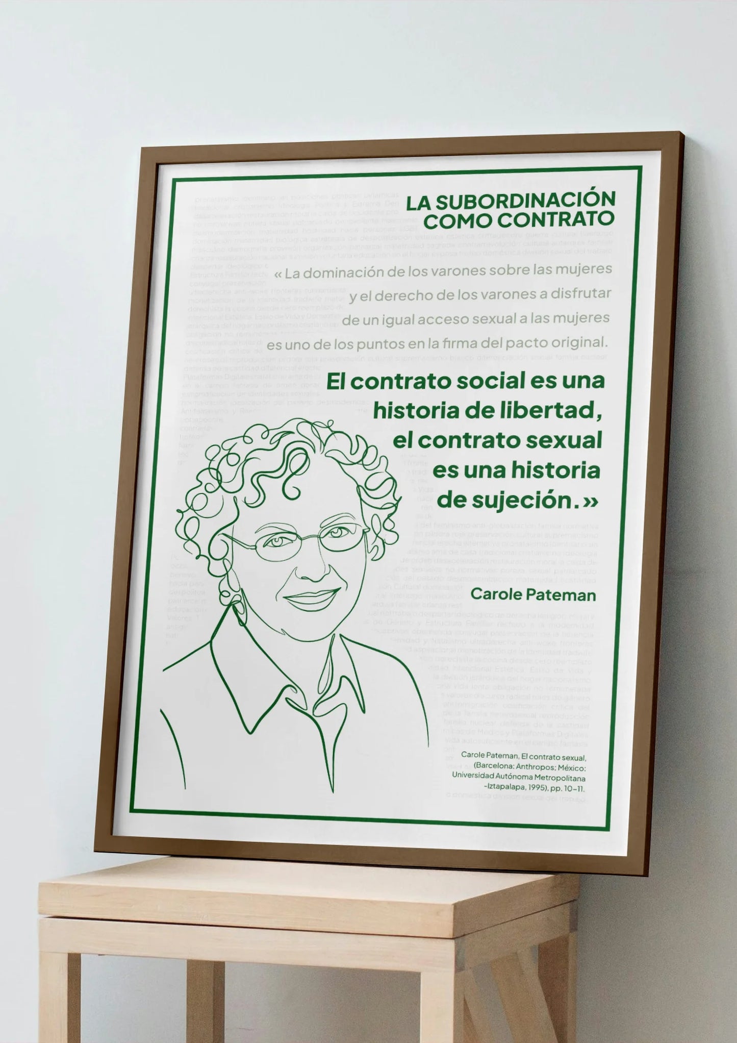 Afiche verde de Carole Pateman enmarcado, apoyado sobre un banco de madera clara.