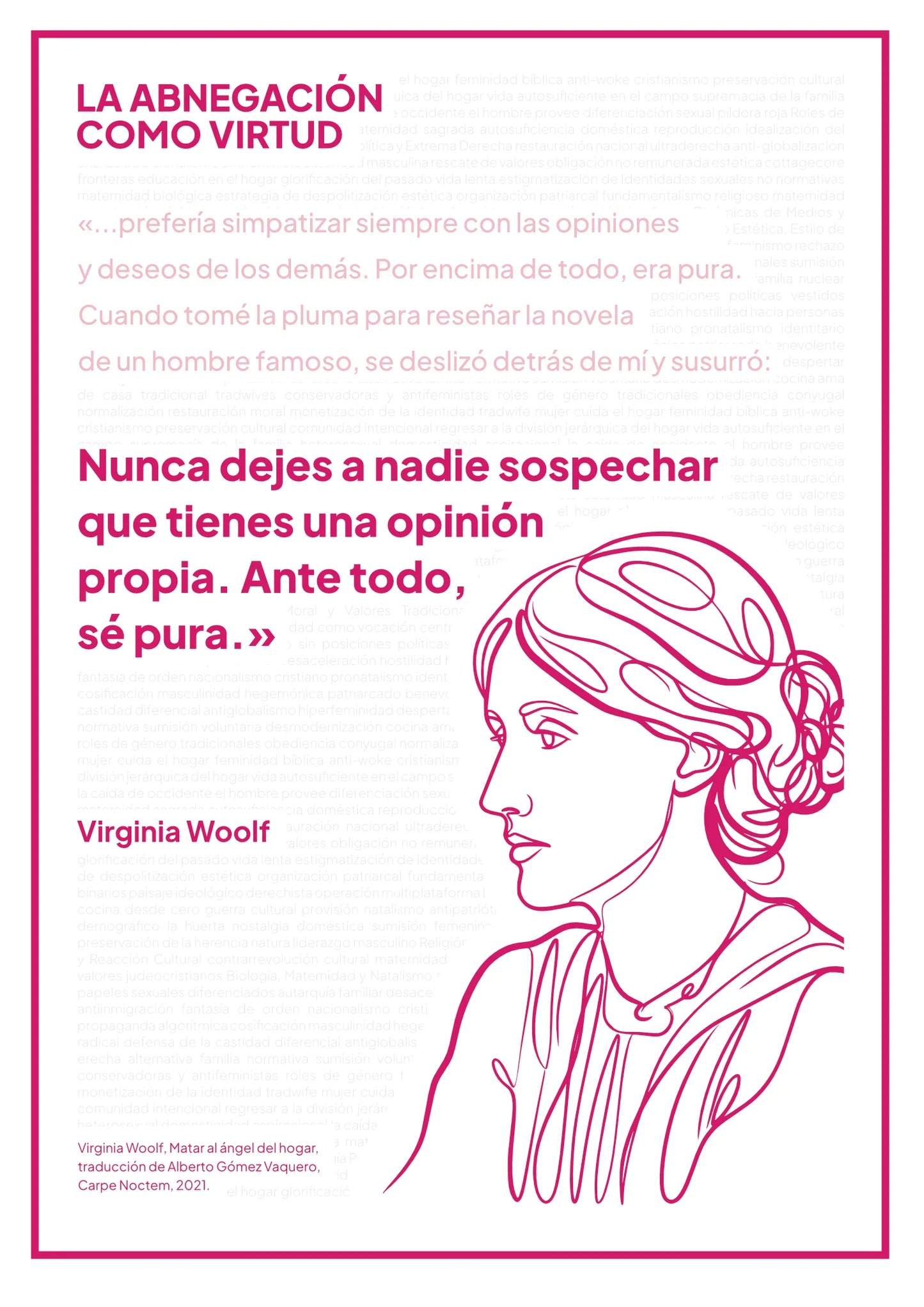 Afiche “La abnegación como virtud” con retrato magenta de Virginia Woolf sobre fondo blanco.