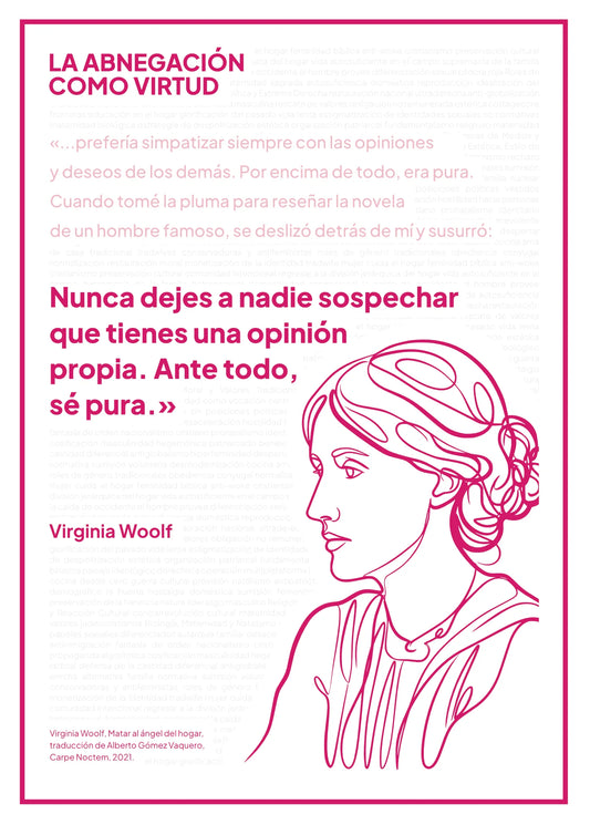 Afiche “La abnegación como virtud” con retrato magenta de Virginia Woolf sobre fondo blanco.