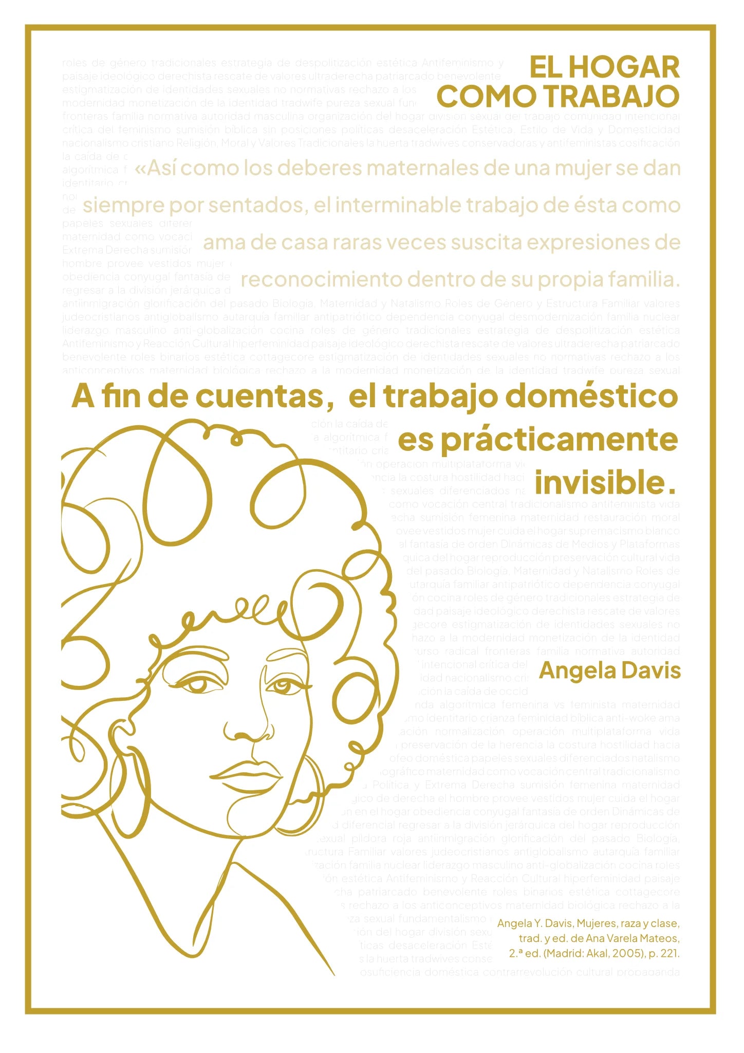 Afiche “El hogar como trabajo” con retrato dorado de Angela Davis sobre fondo blanco.