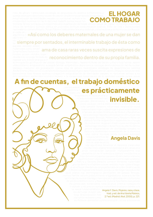 Afiche “El hogar como trabajo” con retrato dorado de Angela Davis sobre fondo blanco.