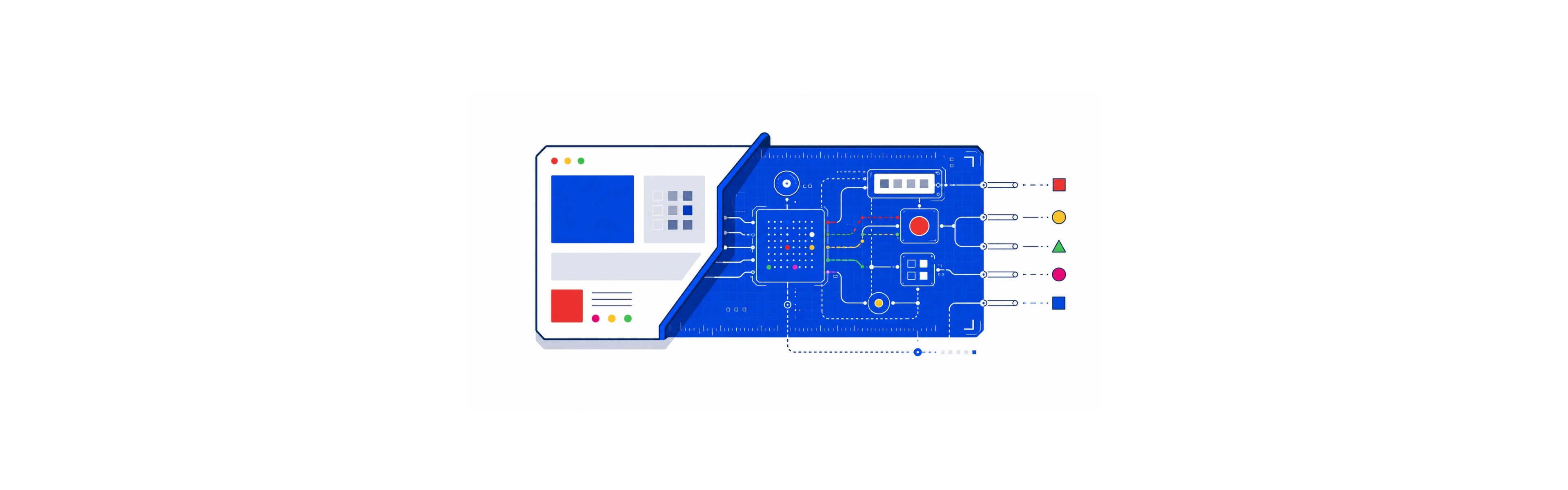 Composición gráfica abstracta de una interfaz de navegador conectada a un diagrama azul de circuitos, líneas y formas geométricas de colores sobre fondo blanco.
